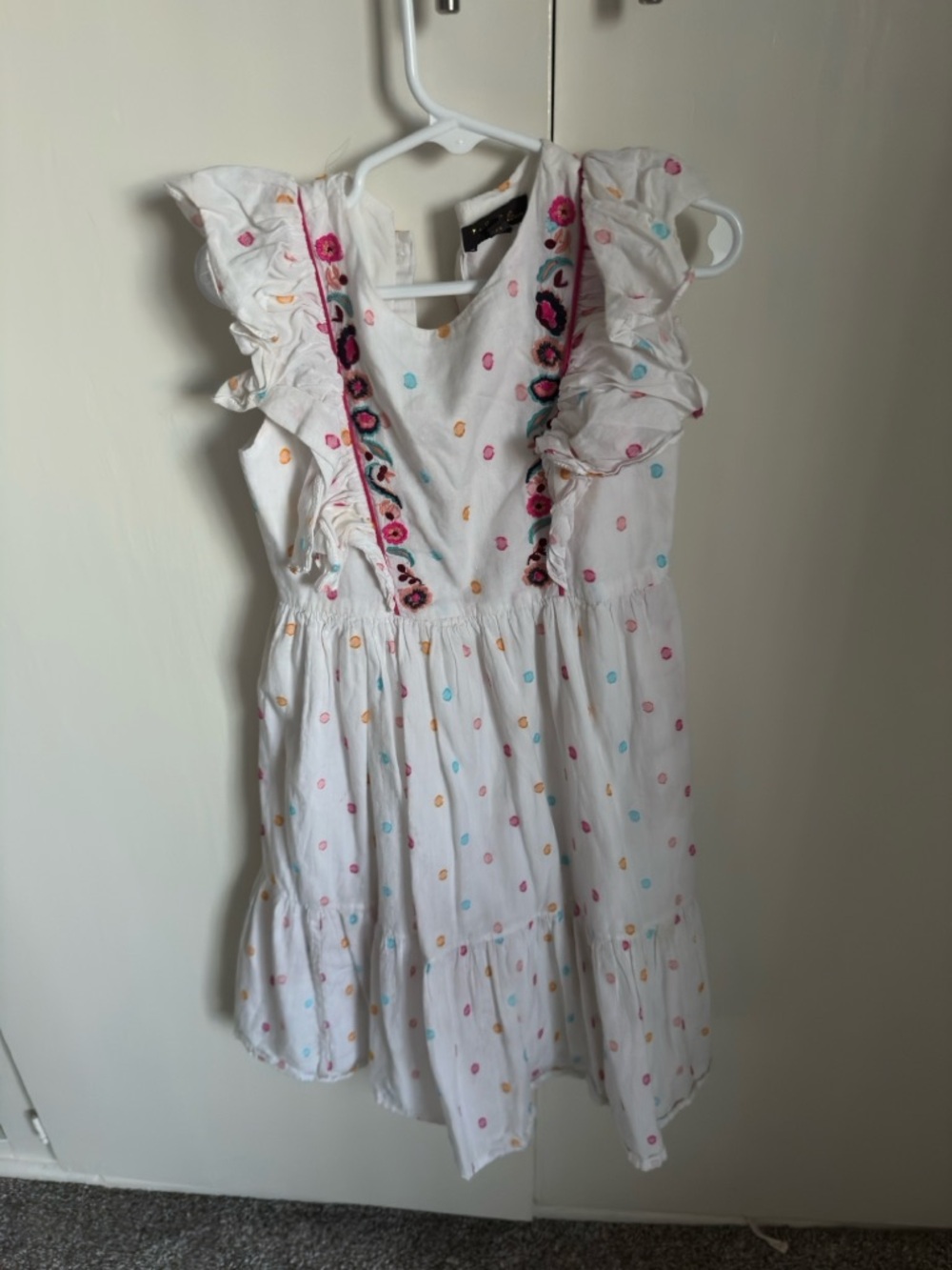 White Embroidered Ruffle Sleeve Kids Dress with Multicolor Dots
